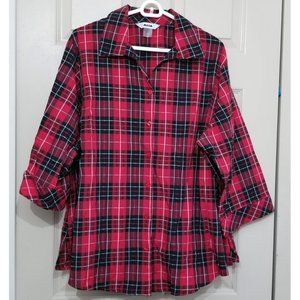 Alia Red Black Plaid Collared Dress Shirt With Button Front 3/4 Length Sleeves